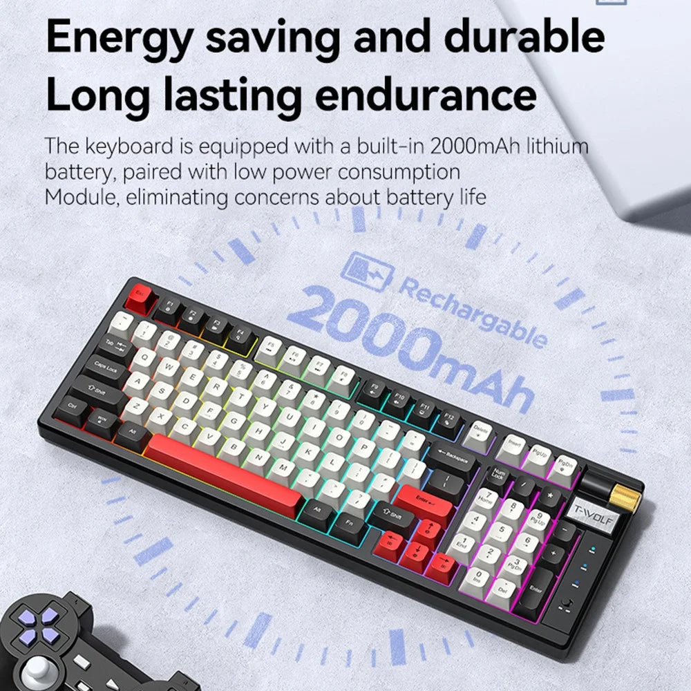 T-WOLF T70 Bluetooth-compatible / Wired / 2.4G Wireless Keyboard RGB Backlit 97-Key Mechanical Keyboard - Black+Red - 3