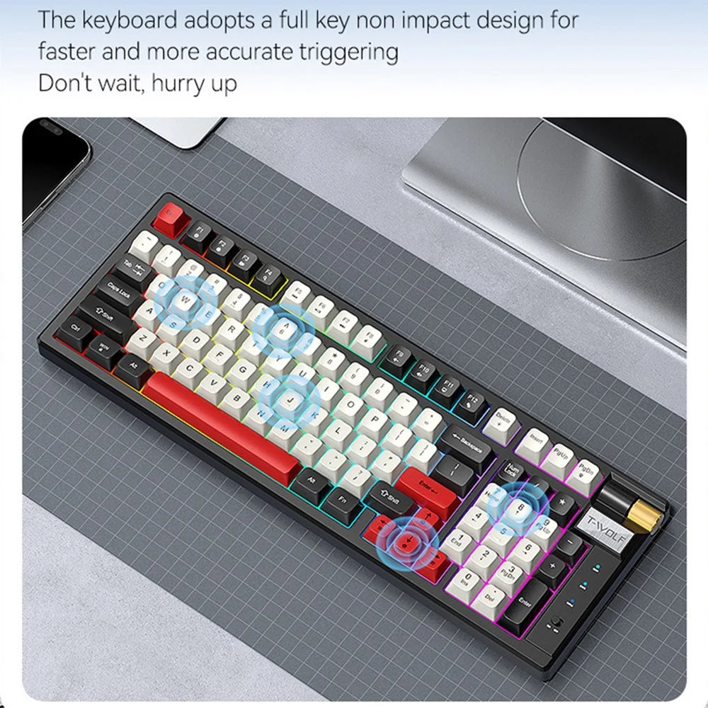 T-WOLF T70 Bluetooth-compatible / Wired / 2.4G Wireless Keyboard RGB Backlit 97-Key Mechanical Keyboard - Black+Red - 6