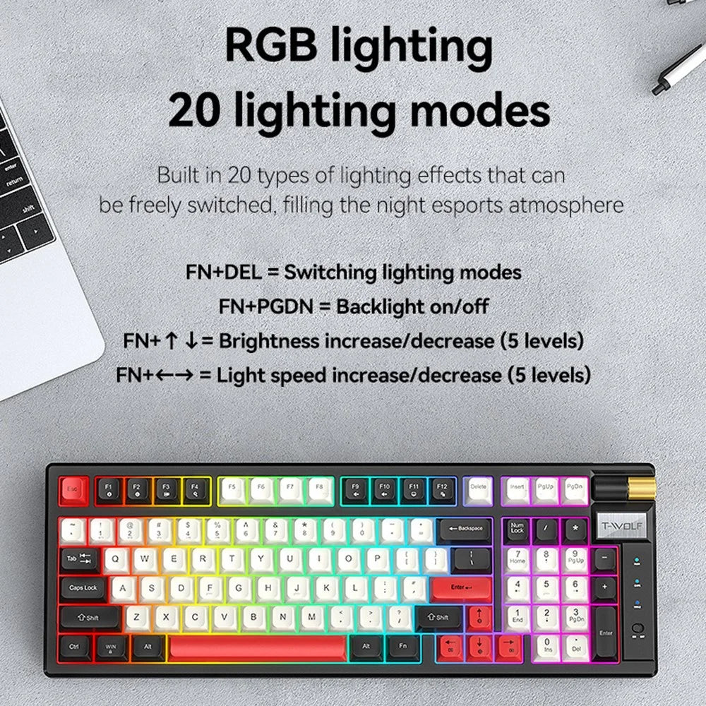 T-WOLF T70 Bluetooth-compatible / Wired / 2.4G Wireless Keyboard RGB Backlit 97-Key Mechanical Keyboard - Black+Red - 7
