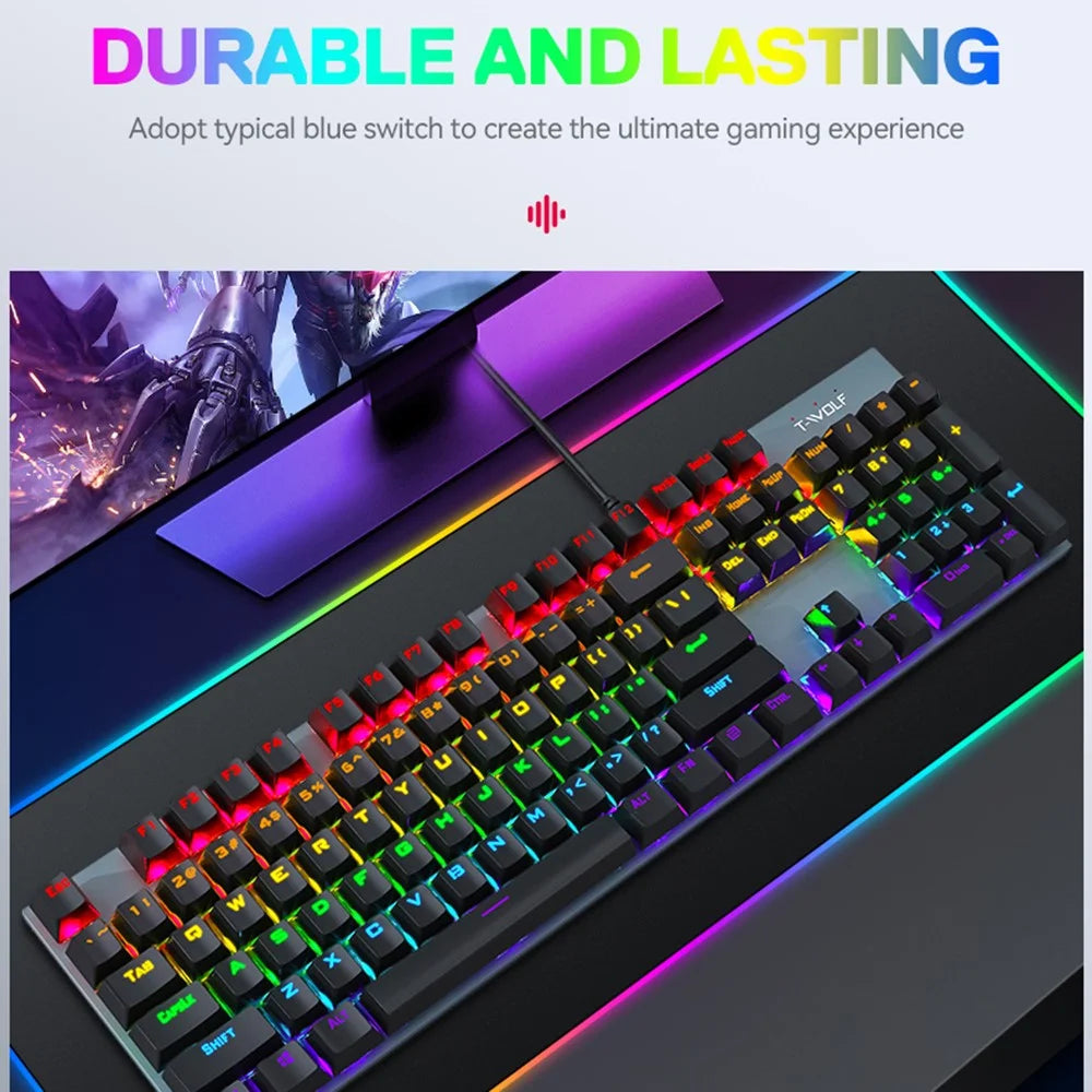 T-WOLF T17 USB Wired Keyboard 104-Key Color Backlit Computer Gaming Mechanical Keyboard - 6