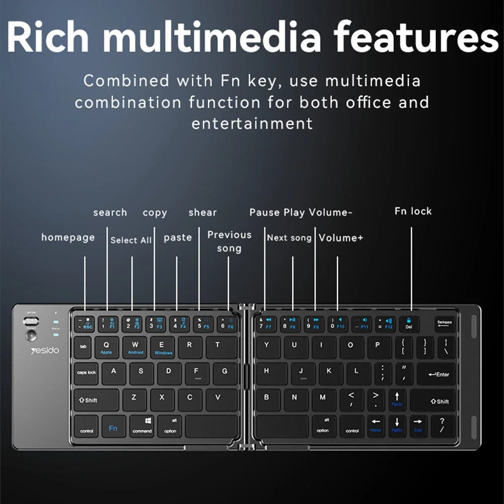 YESIDO KB27 Ultra Slim Mini Two-Fold Bluetooth-compatible Keyboard for Macos Windows Ios, English + Arabic - 6