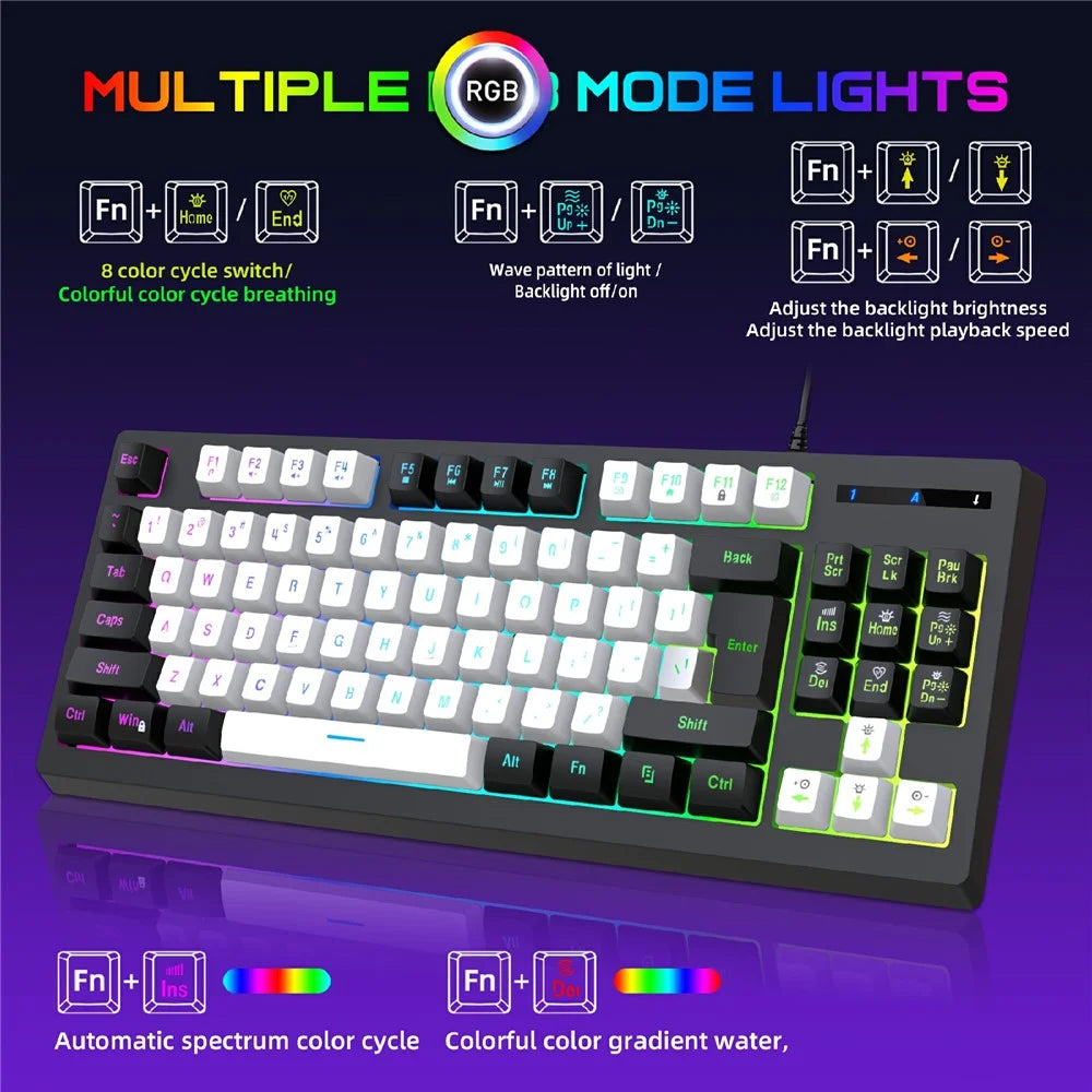 Y-FRUITFUL G69 Gaming Mechanical Feel Keyboard 87 Keys RGB Backlit USB Wired Esports Keyboard - Black+White - 5