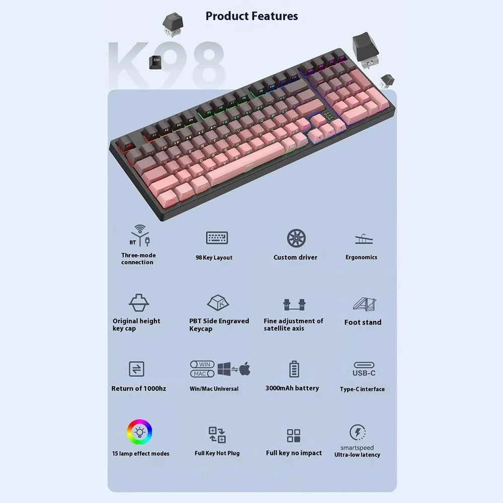 Y-FRUITFUL K98Pro 98 Keys Mechanical Keyboard Triple Mode Hot Swappable Gaming Keyboard with RGB Backlit - Style A - 4