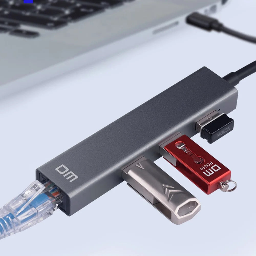 DM CHB011 3 Ports USB 2.0 Hub with RJ45 Ethernet Port Compatible with Windows / Macos / Linux - 3