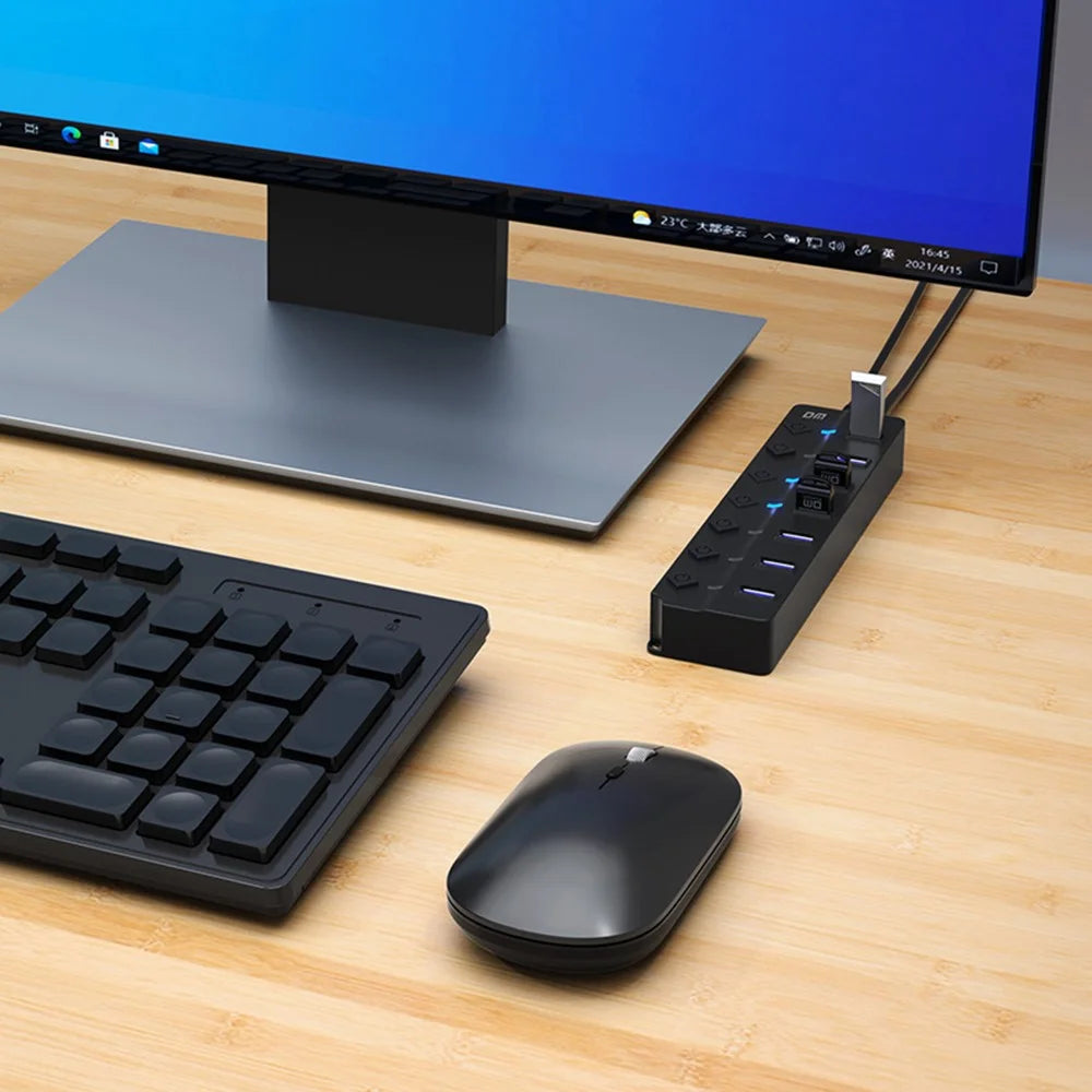DM CHB072 7 Ports USB 2.0 Hub with Individual Switches High Speed Data Transfer Expansion Dock - 7