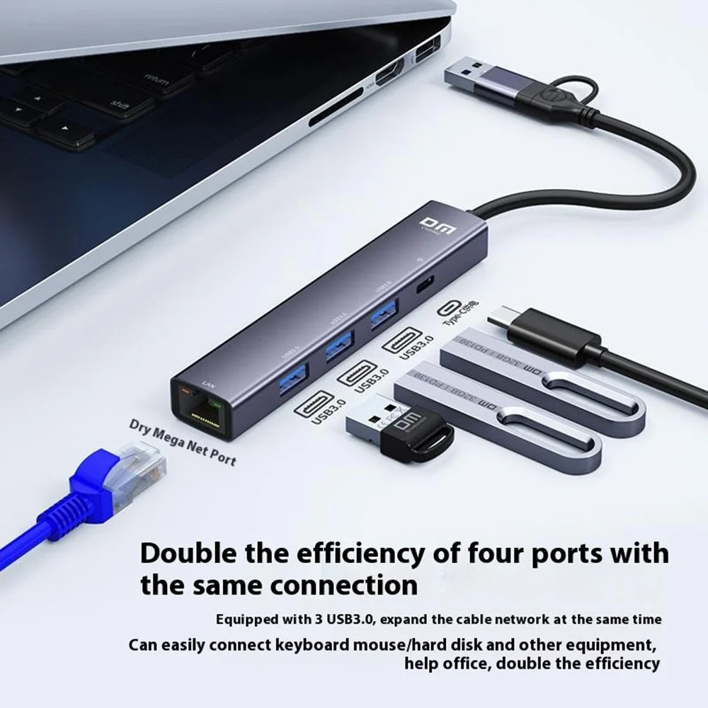 DM CHB082 USB 3.0 Hub 3 Ports Gigabit Ethernet Adapter High Speed Data Transfer Aluminum Alloy Hub - 7