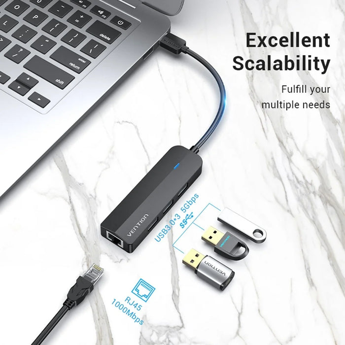VENTION CHNBB 5 in 1 USB Hub USB 3.0 x 3 + Gigabit Ethernet Docking Station with Micro USB Power Port - 2