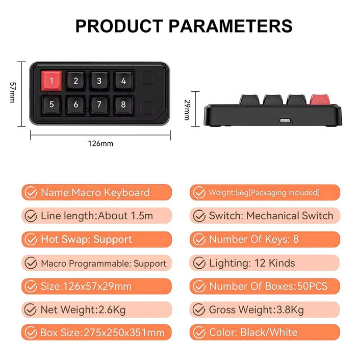MKESPN K815B 8-Key RGB Mechanical Numeric Keyboard Hot-Swappable Compact Gaming Keypad - Red / Black - 7