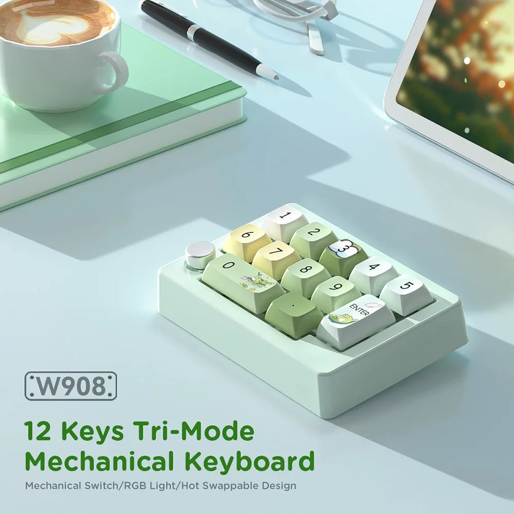 MKESPN W908 2.4GHz Wireless / Wired / Bluetooth-Compatible Mechanical Mini Keyboard Programmable RGB Backlit 12-Key Numpad - Green - 3