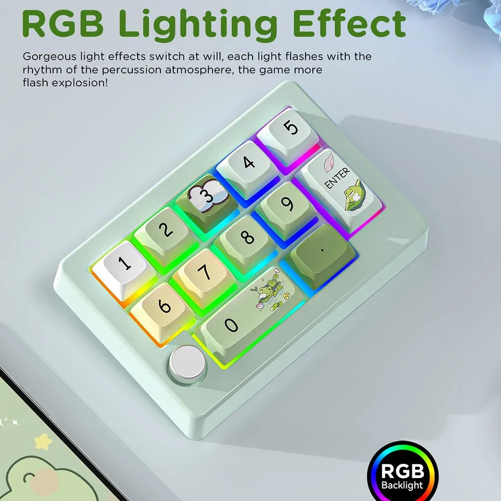 MKESPN W908 2.4GHz Wireless / Wired / Bluetooth-Compatible Mechanical Mini Keyboard Programmable RGB Backlit 12-Key Numpad - Green - 4