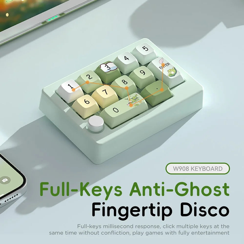 MKESPN W908 2.4GHz Wireless / Wired / Bluetooth-Compatible Mechanical Mini Keyboard Programmable RGB Backlit 12-Key Numpad - Green - 5