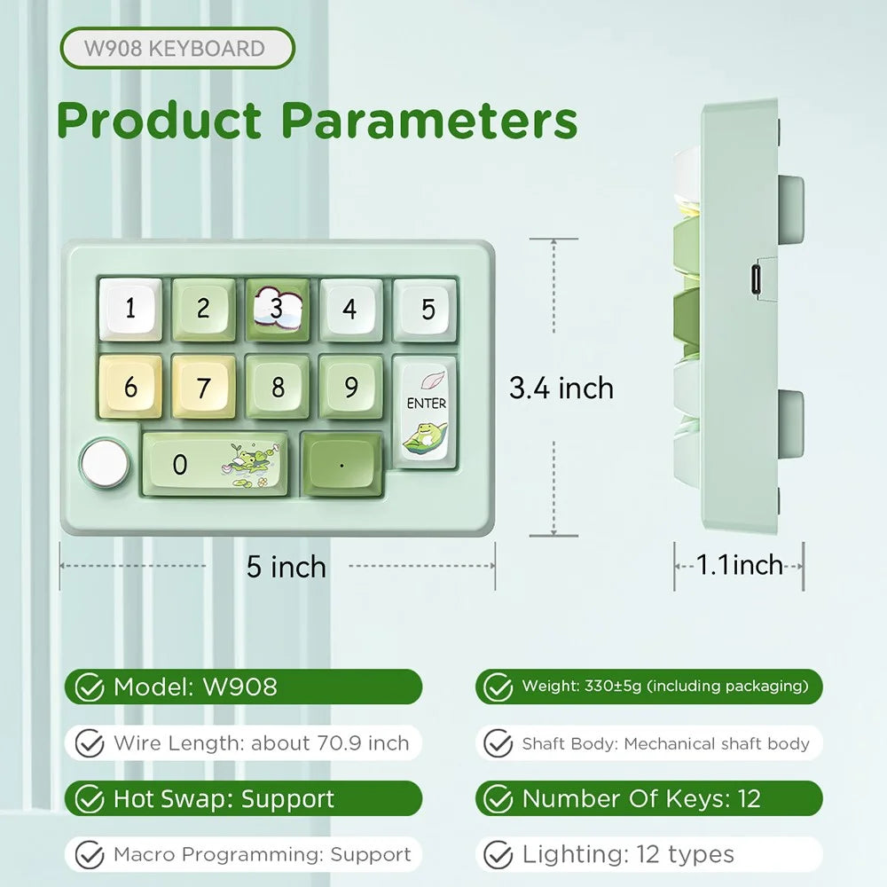 MKESPN W908 2.4GHz Wireless / Wired / Bluetooth-Compatible Mechanical Mini Keyboard Programmable RGB Backlit 12-Key Numpad - Green - 7