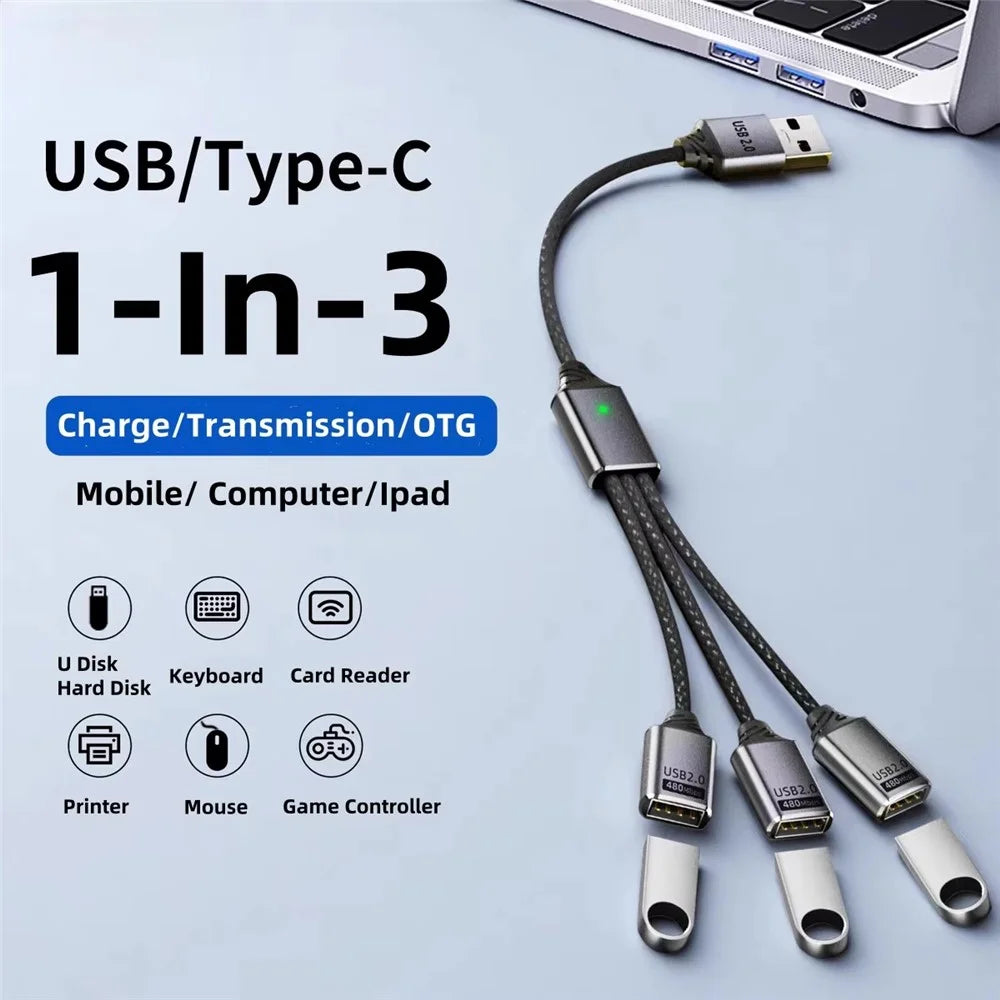 3 in 1 USB Hub Splitter 3 Port USB Expansion Cable High Speed Data Transfer Charging Splitter - 3