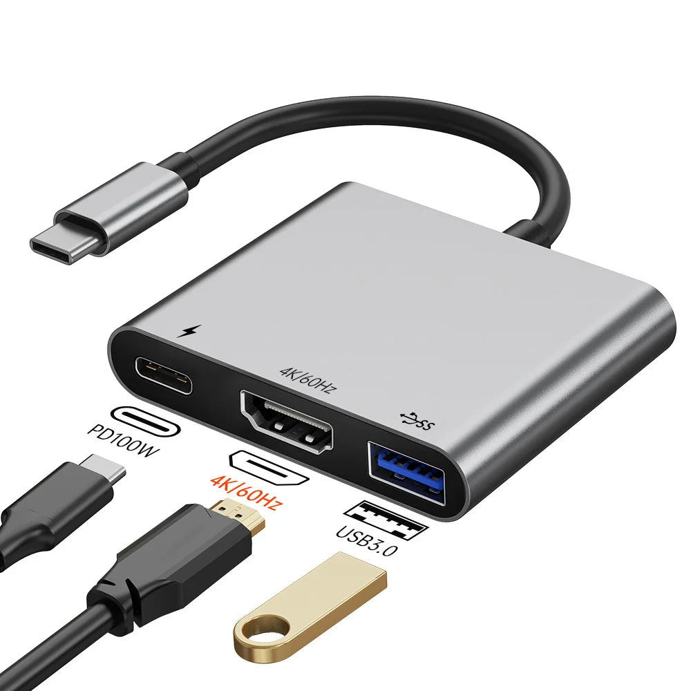3 in 1 USB-C to HD Multiport Adapter 4K 60Hz Splitter PD 100W Fast Charging USB 3.0 Hub Converter for Windows / MacOS - 4