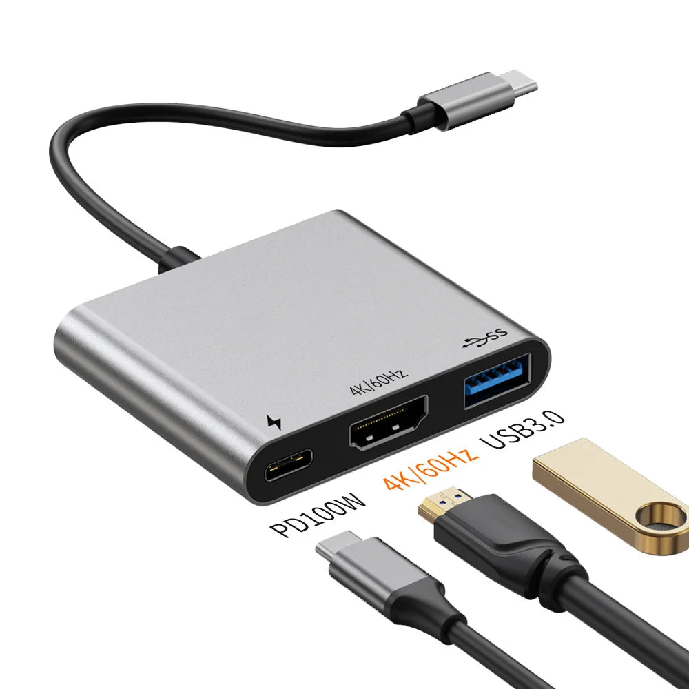 3 in 1 USB-C to HD Multiport Adapter 4K 60Hz Splitter PD 100W Fast Charging USB 3.0 Hub Converter for Windows / MacOS - 5