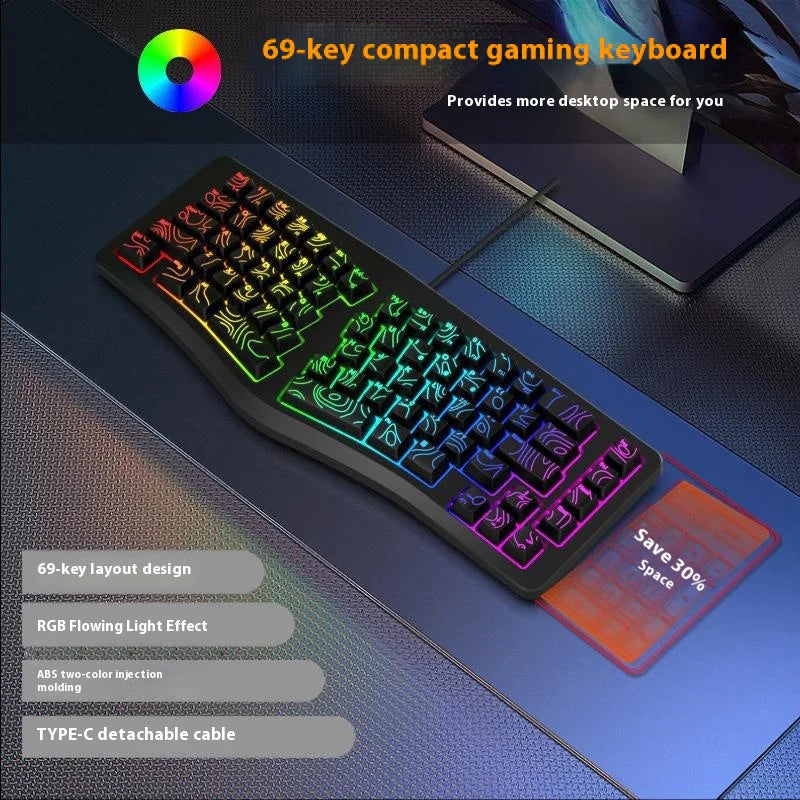 Y-FRUITFUL YF10 Ergonomic Gaming Keyboard 69-Key RGB Backlit Wired Membrane Keyboard for Office/Gaming - Black - 3