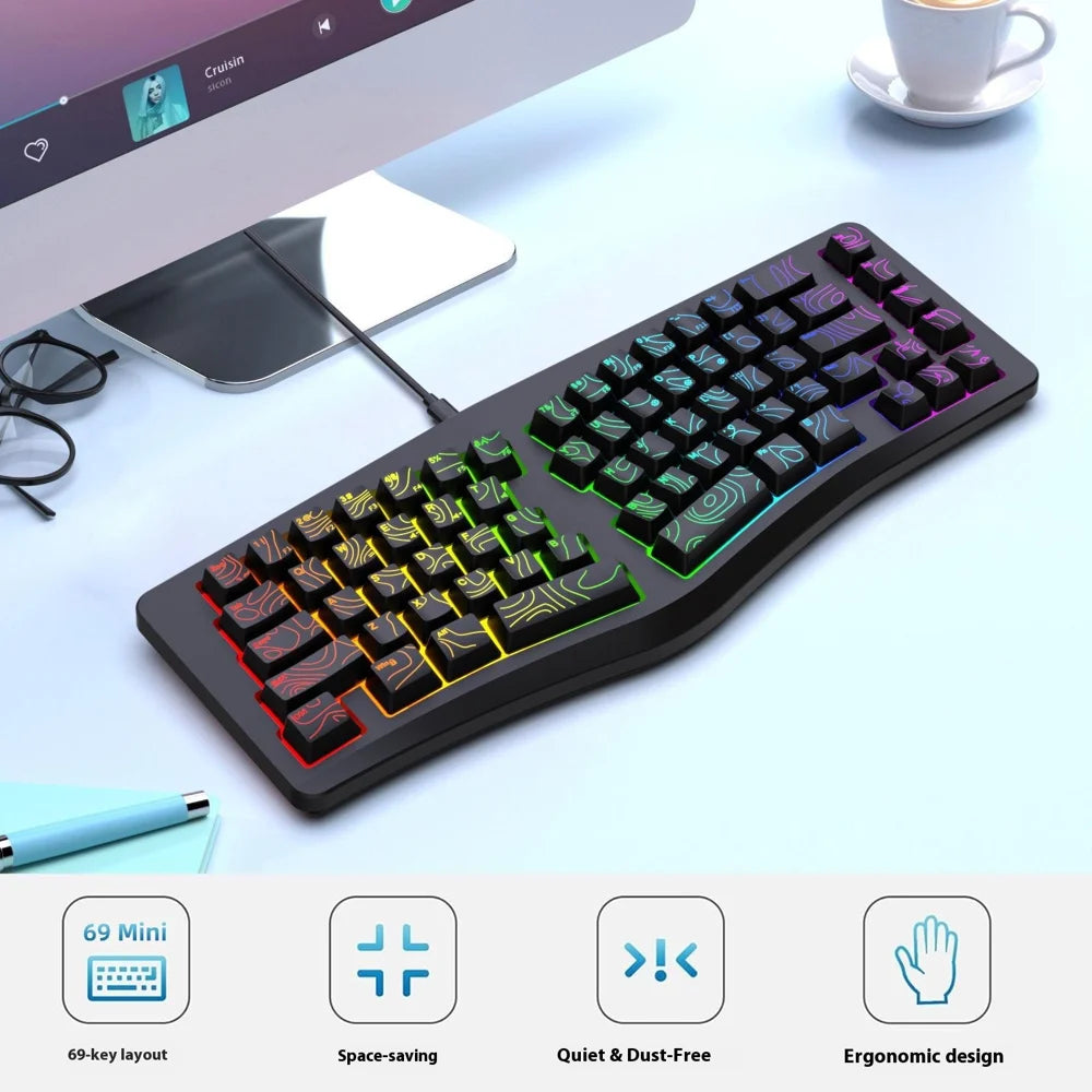 Y-FRUITFUL YF10 Ergonomic Gaming Keyboard 69-Key RGB Backlit Wired Membrane Keyboard for Office/Gaming - Black - 6