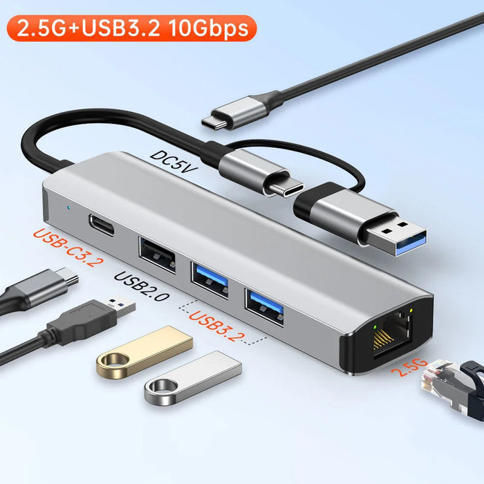 2502 Type-C / USB USB Hub 6-in-1 Type-C to RJ45 (2.5G) + 2x USB 3.2 + USB 2.0 + USB-C 3.2 + DC 5V Adapter for Laptop / Tablet - 3
