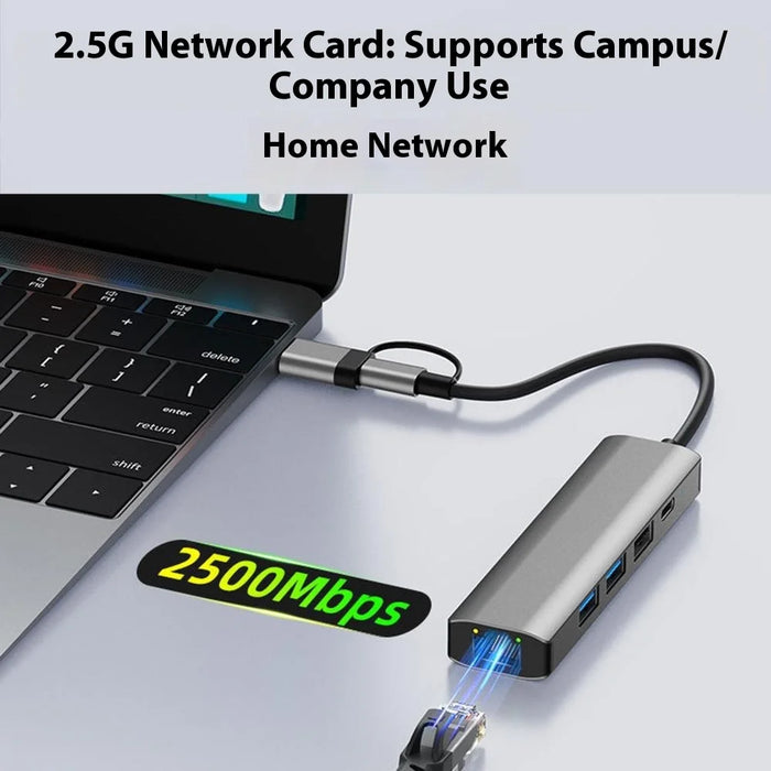 2502 Type-C / USB USB Hub 6-in-1 Type-C to RJ45 (2.5G) + 2x USB 3.2 + USB 2.0 + USB-C 3.2 + DC 5V Adapter for Laptop / Tablet - 6