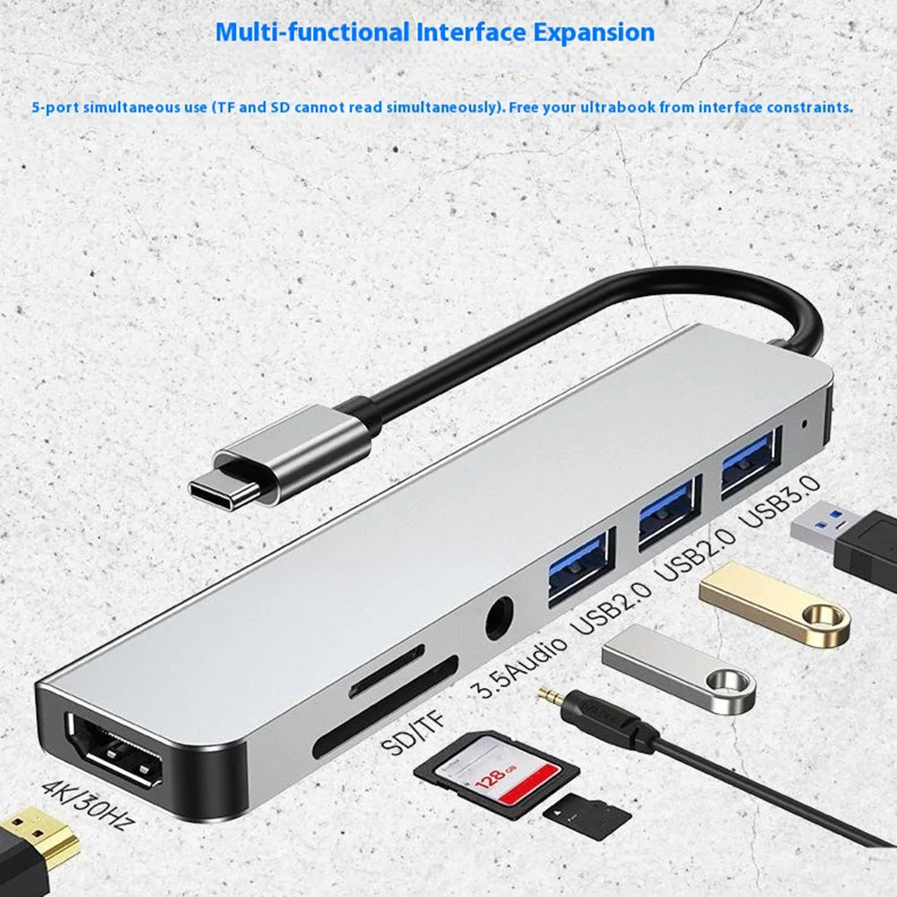 7-in-1 USB-C Hub Type-C to HD + USB 3.0 x1 + USB 2.0 x2 + SD + TF + Audio Docking Station for Phone / Laptop / Tablet - 3