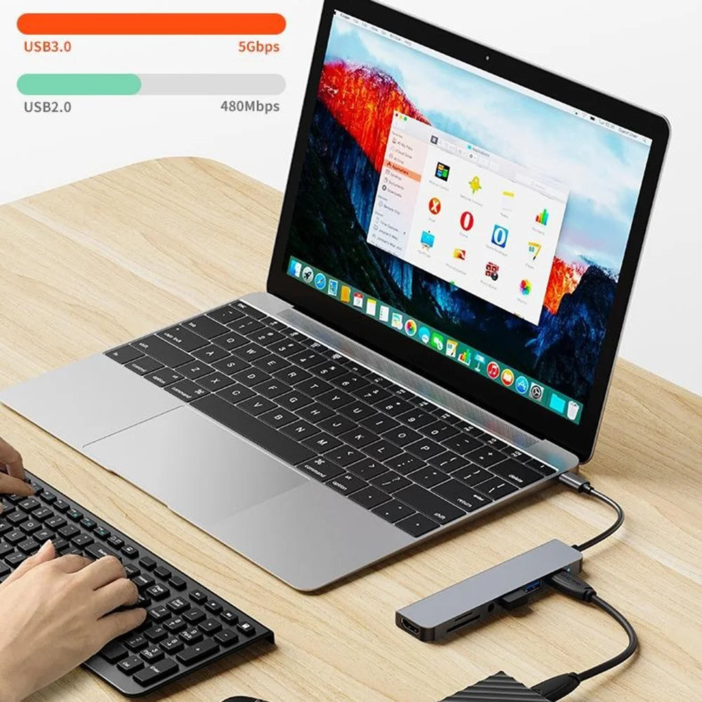 7-in-1 USB-C Hub Type-C to HD + USB 3.0 x1 + USB 2.0 x2 + SD + TF + Audio Docking Station for Phone / Laptop / Tablet - 6