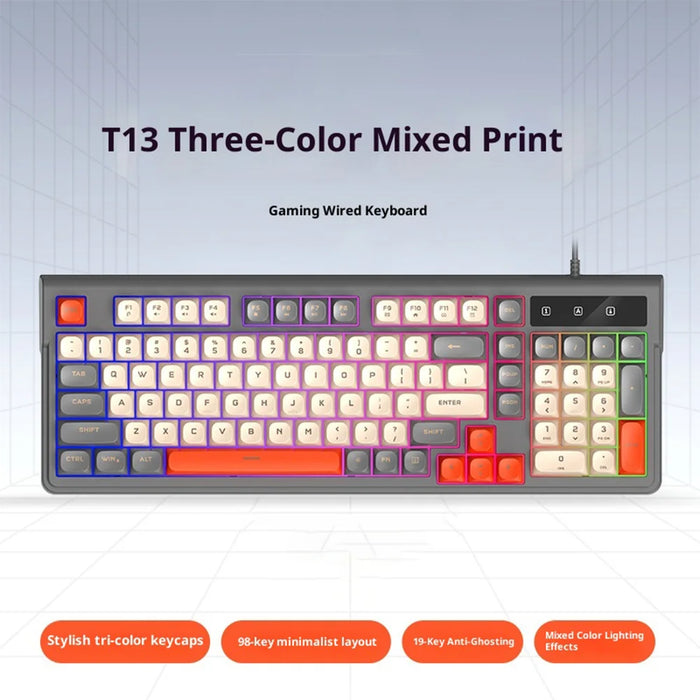 T-WOLF T13 Wired Gaming Keyboard Mechanical Feel 98-Keys Keyboard with RGB Backlit for Windows / Mac - T13 Light Gray - 2