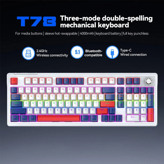 T-WOLF T78 Mechanical Keyboard 99 Keys Triple Mode Gaming Keyboard with RGB Backlit for PC / Mac / iPad  - T78 White-Blue-Red - 2