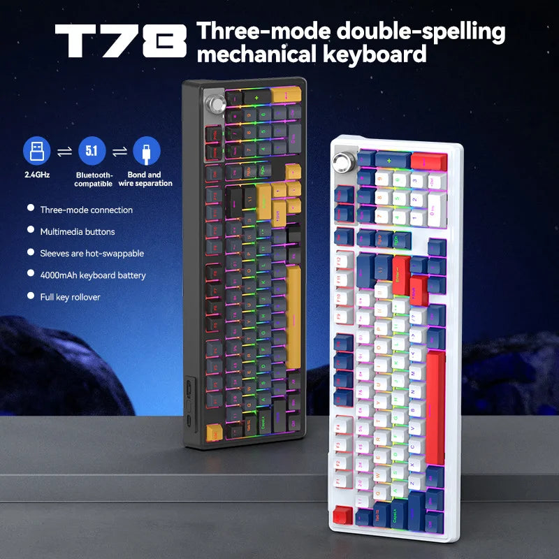 T-WOLF T78 Mechanical Keyboard 99 Keys Triple Mode Gaming Keyboard with RGB Backlit for PC / Mac / iPad  - T78 White-Blue-Red - 3