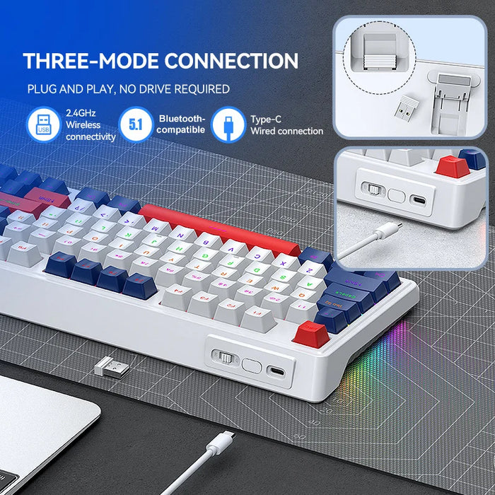 T-WOLF T78 Mechanical Keyboard 99 Keys Triple Mode Gaming Keyboard with RGB Backlit for PC / Mac / iPad  - T78 White-Blue-Red - 4