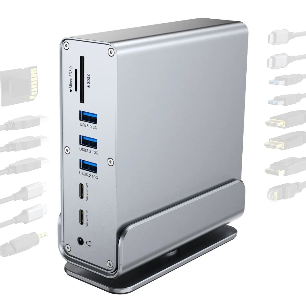 2519 15-in-1 USB-C Hub Dual 4K 60Hz DP Display 100W PD Charging Gigabit Ethernet USB 3.2 Adapter Dock for MacBook / Windows Laptop - Silver Grey - 1