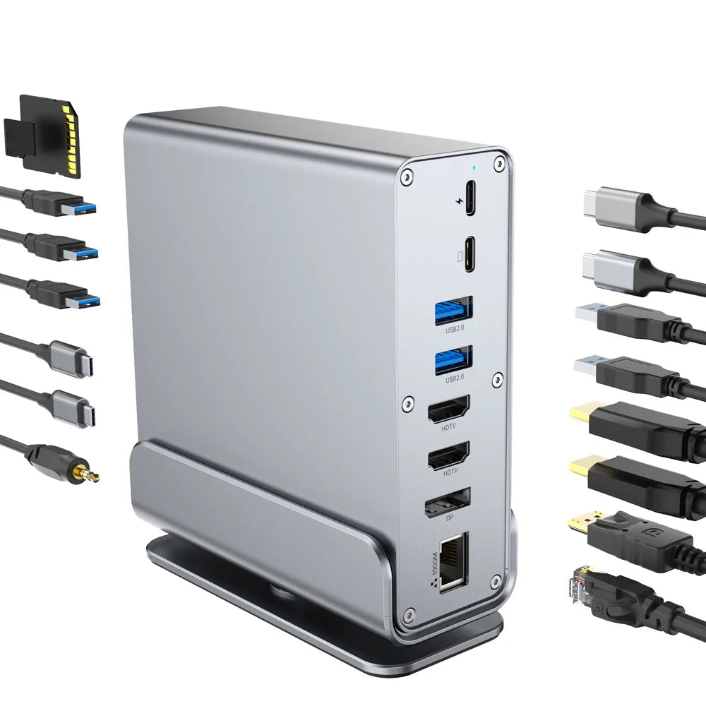 2519 15-in-1 USB-C Hub Dual 4K 60Hz DP Display 100W PD Charging Gigabit Ethernet USB 3.2 Adapter Dock for MacBook / Windows Laptop - Silver Grey - 2
