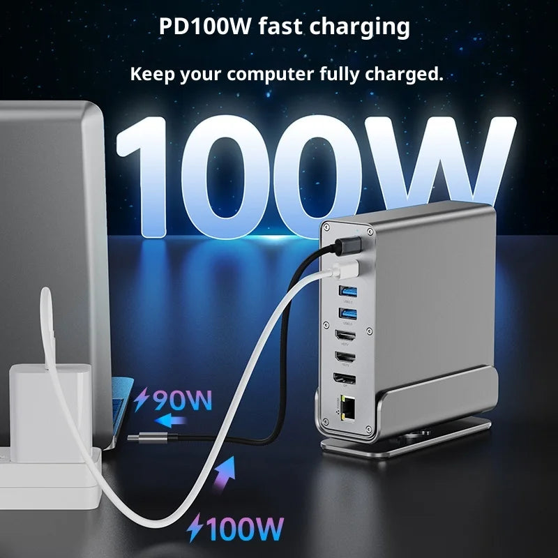 2519 15-in-1 USB-C Hub Dual 4K 60Hz DP Display 100W PD Charging Gigabit Ethernet USB 3.2 Adapter Dock for MacBook / Windows Laptop - Silver Grey - 5