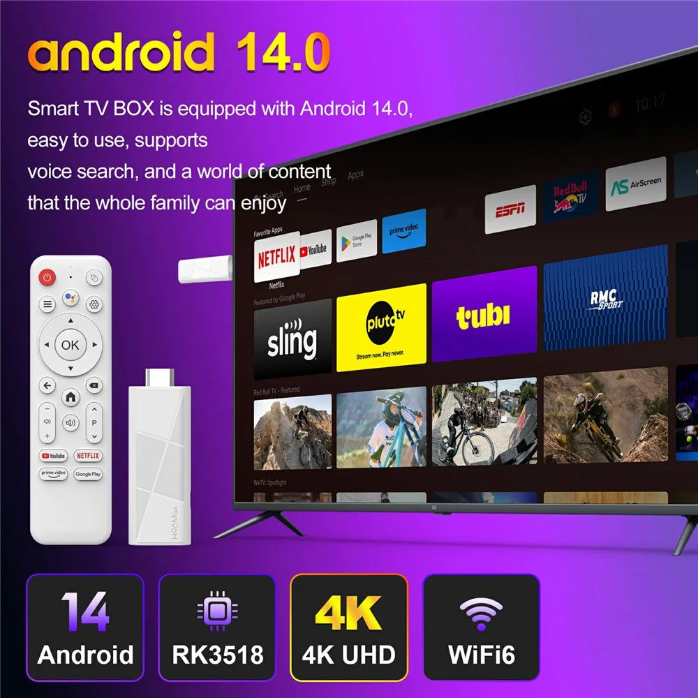 H96 MAX RK3518 2+16GB Android 14.0 TV Stick 4K Smart TV Box WiFi Bluetooth-Compatible Mini TV Stick - White - 4