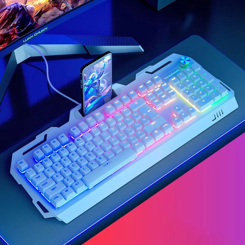 104-Key USB Wired Mechanical Keyboard 19 Keys Anti-Ghosting Gaming Keyboard with Backlit and Phone Holder - White+Mixed Light - 1