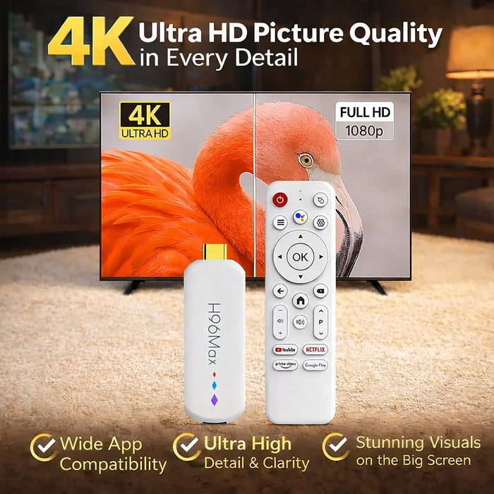 H96 MAX M20 L3 Android 14 TV Stick 4K HDR Streaming Media Player with Google Voice Assistant 2GB + 16GB - White - 4