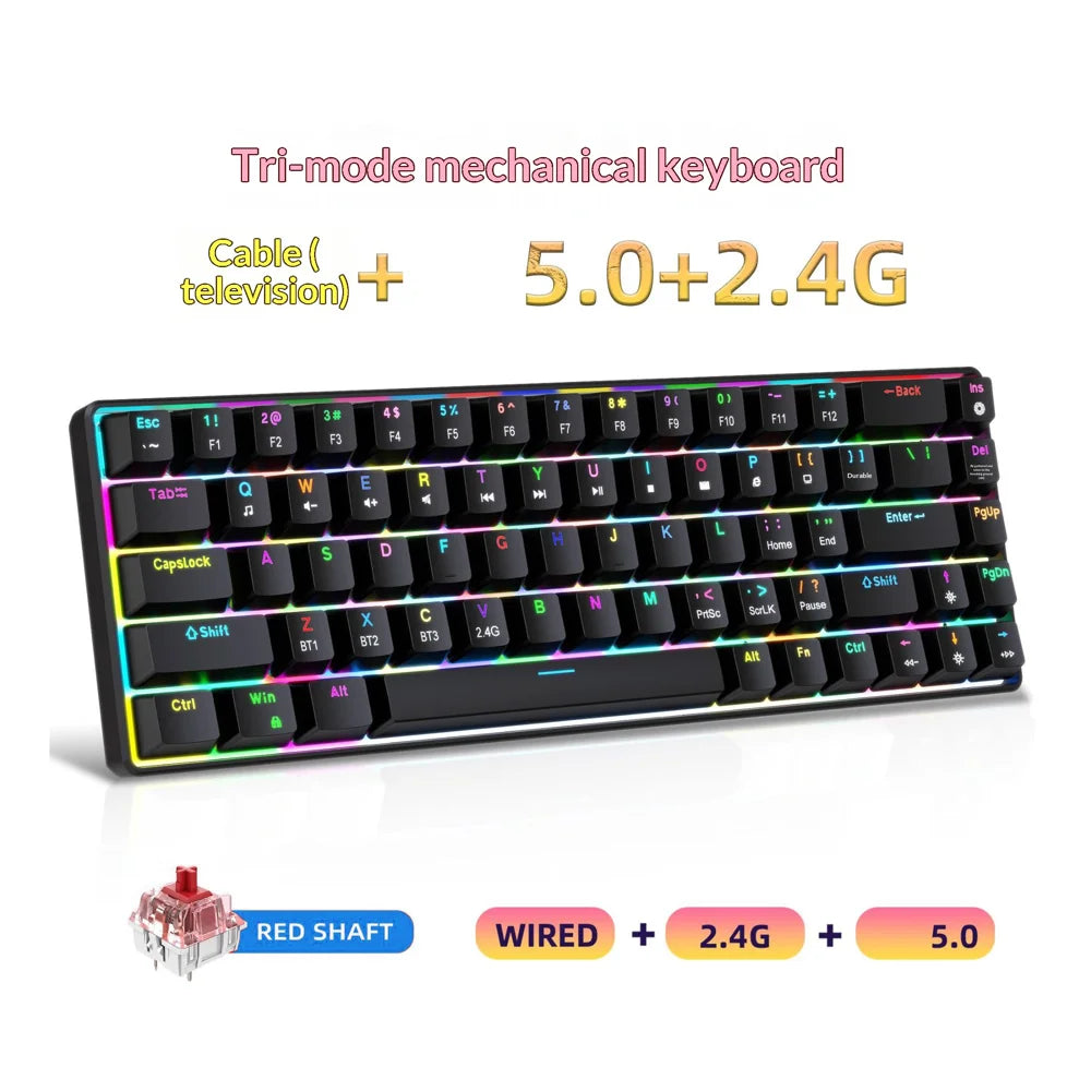 HXSJ V800 68-Key Mechanical Keyboard 2.4G Wireless/Bluetooth-compatible/Wired 3-Mode Keyboard with RGB Backlit - Black - 2