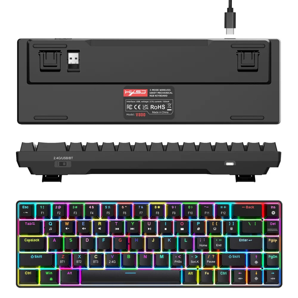 HXSJ V800 68-Key Mechanical Keyboard 2.4G Wireless/Bluetooth-compatible/Wired 3-Mode Keyboard with RGB Backlit - Black - 3