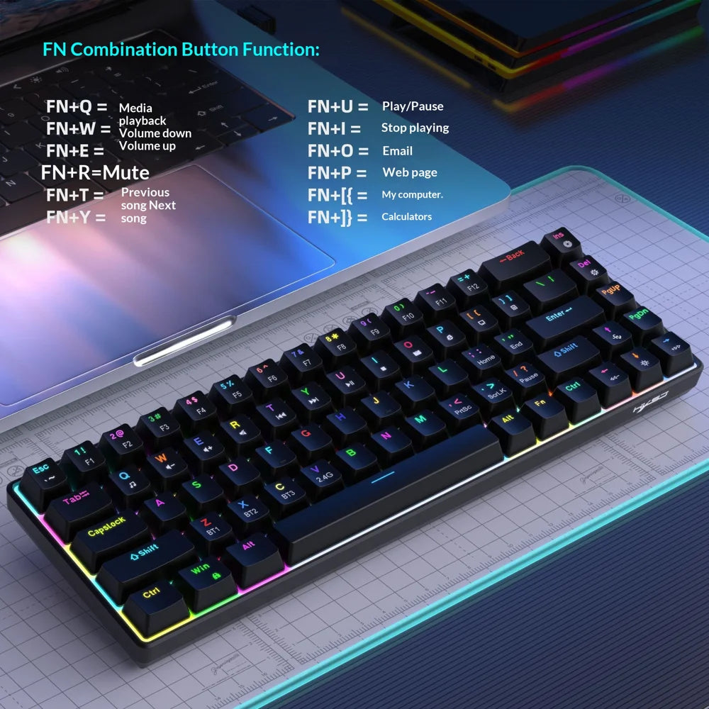 HXSJ V800 68-Key Mechanical Keyboard 2.4G Wireless/Bluetooth-compatible/Wired 3-Mode Keyboard with RGB Backlit - Black - 5