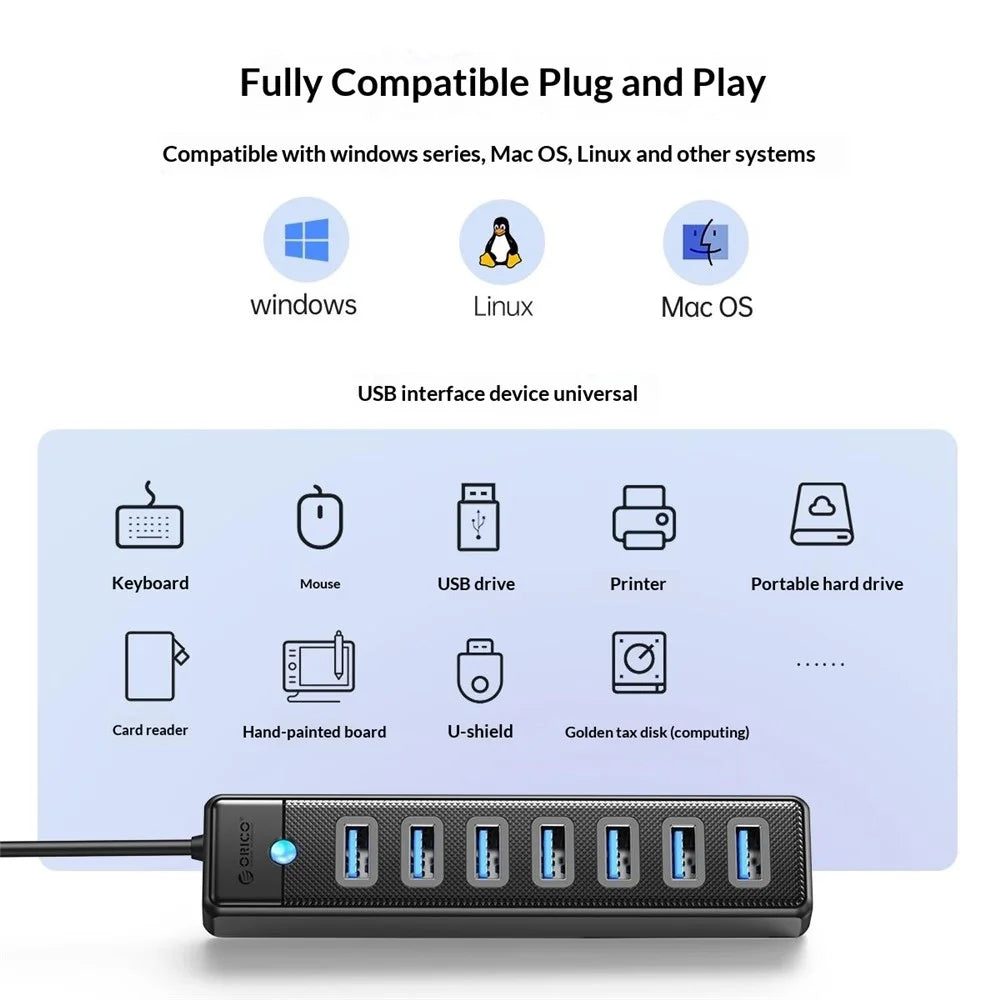 ORICO PW7U-U3 7 Port USB 3.0 Hub 5Gbps Data Transfer with Power Supply Port 15CM Cable Length - Black - 5