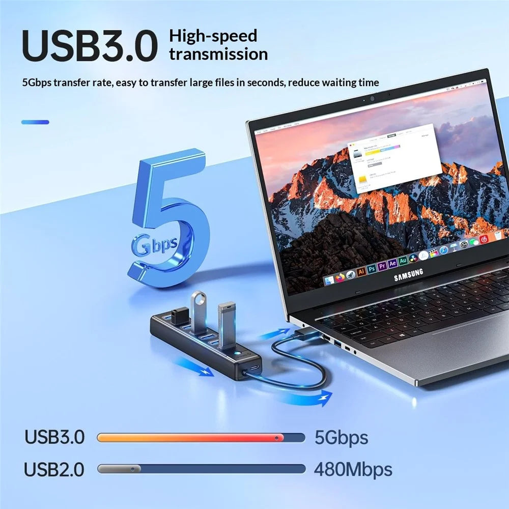 ORICO PW7U-U3 7 Port USB 3.0 Hub 5Gbps Data Transfer with Power Supply Port 15CM Cable Length - Black - 6