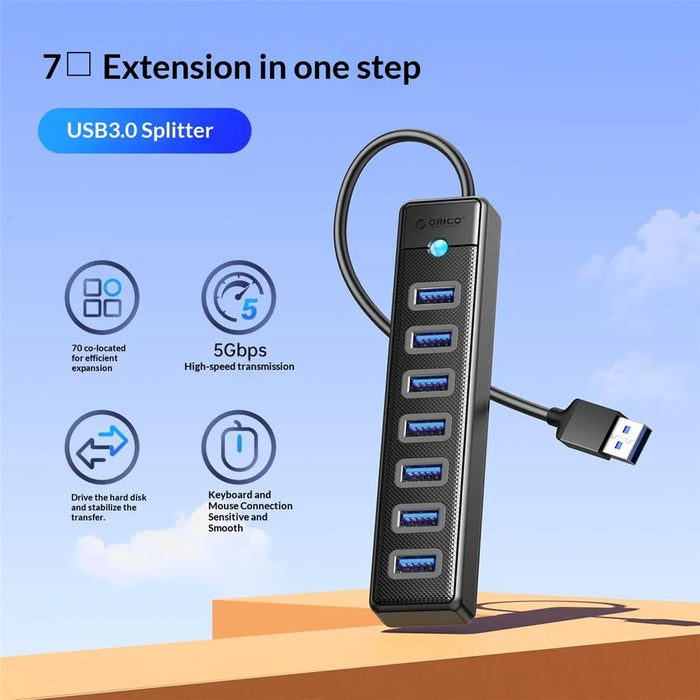 ORICO PW7U-U3 7 Port USB 3.0 Hub 5Gbps Data Transfer with Power Supply Port 1M Cable Length - Black - 2