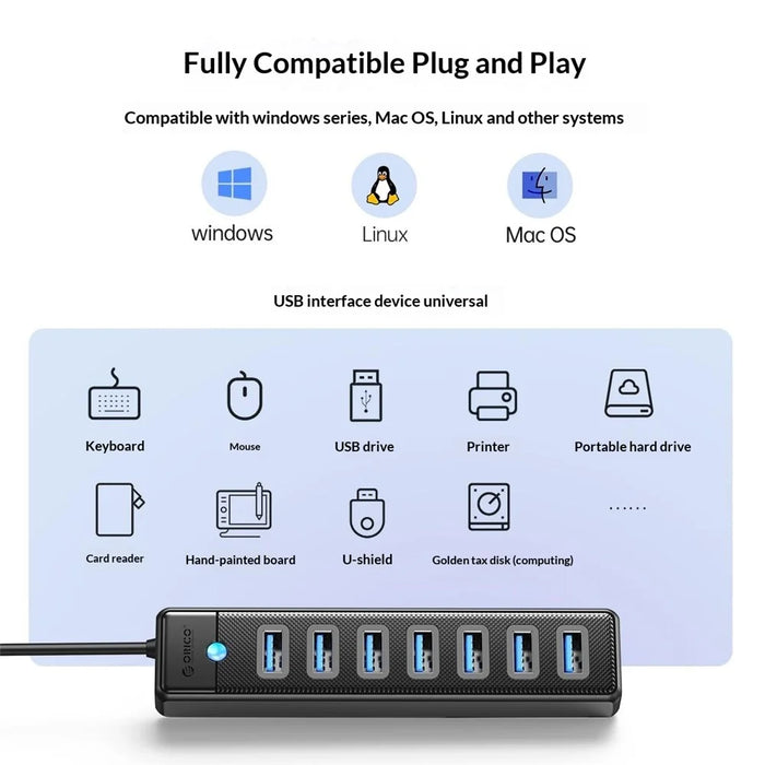 ORICO PW7U-U3 7 Port USB 3.0 Hub 5Gbps Data Transfer with Power Supply Port 1M Cable Length - Black - 5