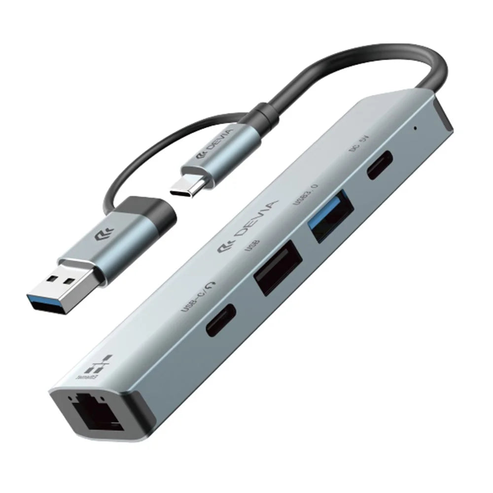 DEVIA Pro2 5 in 1 Hub USB + Type-C to RJ45 / USB 3.0 / USB 2.0 / Dual Type-C Expansion Dock for Laptop / Tablet / Phone - Dark Grey - 1