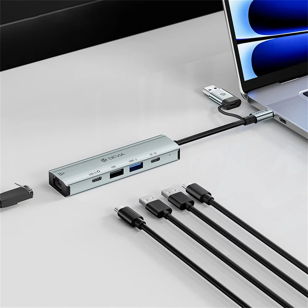 DEVIA Pro2 5 in 1 Hub USB + Type-C to RJ45 / USB 3.0 / USB 2.0 / Dual Type-C Expansion Dock for Laptop / Tablet / Phone - Dark Grey - 2