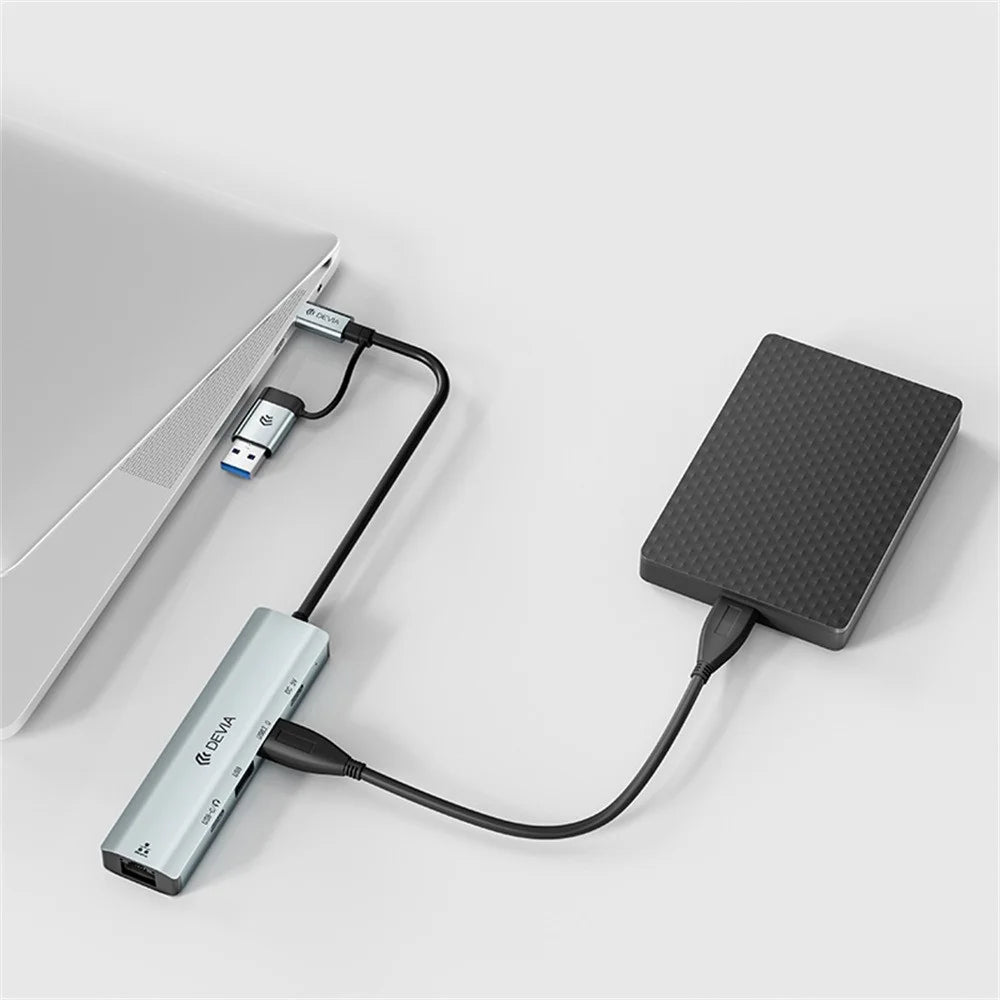 DEVIA Pro2 5 in 1 Hub USB + Type-C to RJ45 / USB 3.0 / USB 2.0 / Dual Type-C Expansion Dock for Laptop / Tablet / Phone - Dark Grey - 3