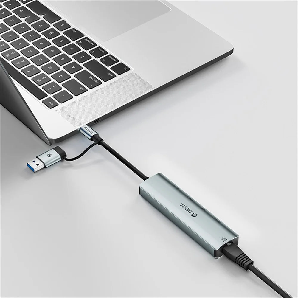 DEVIA Pro2 5 in 1 Hub USB + Type-C to RJ45 / USB 3.0 / USB 2.0 / Dual Type-C Expansion Dock for Laptop / Tablet / Phone - Dark Grey - 5