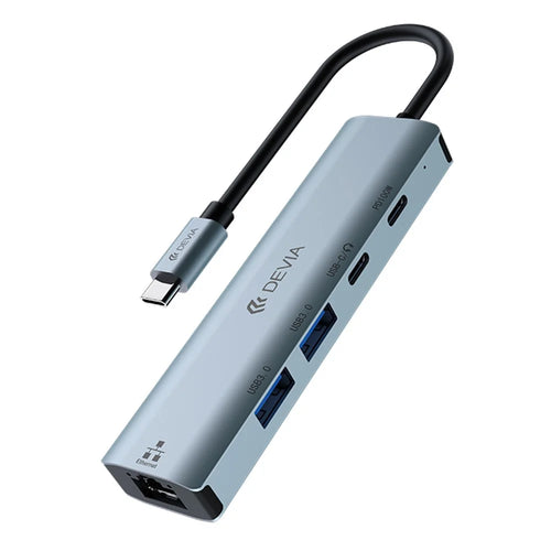 DEVIA Leopard Series 5 in 1 Hub Type-C to USB x 2 + Type-C + PD 100W + RJ45 Multi-Port Expansion Dock - Dark Grey - 1
