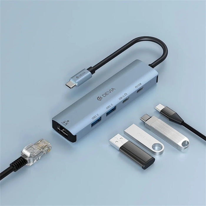 DEVIA Leopard Series 5 in 1 Hub Type-C to USB x 2 + Type-C + PD 100W + RJ45 Multi-Port Expansion Dock - Dark Grey - 3
