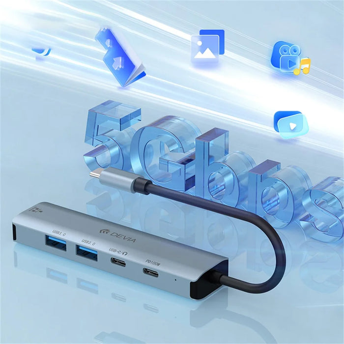 DEVIA Leopard Series 5 in 1 Hub Type-C to USB x 2 + Type-C + PD 100W + RJ45 Multi-Port Expansion Dock - Dark Grey - 4