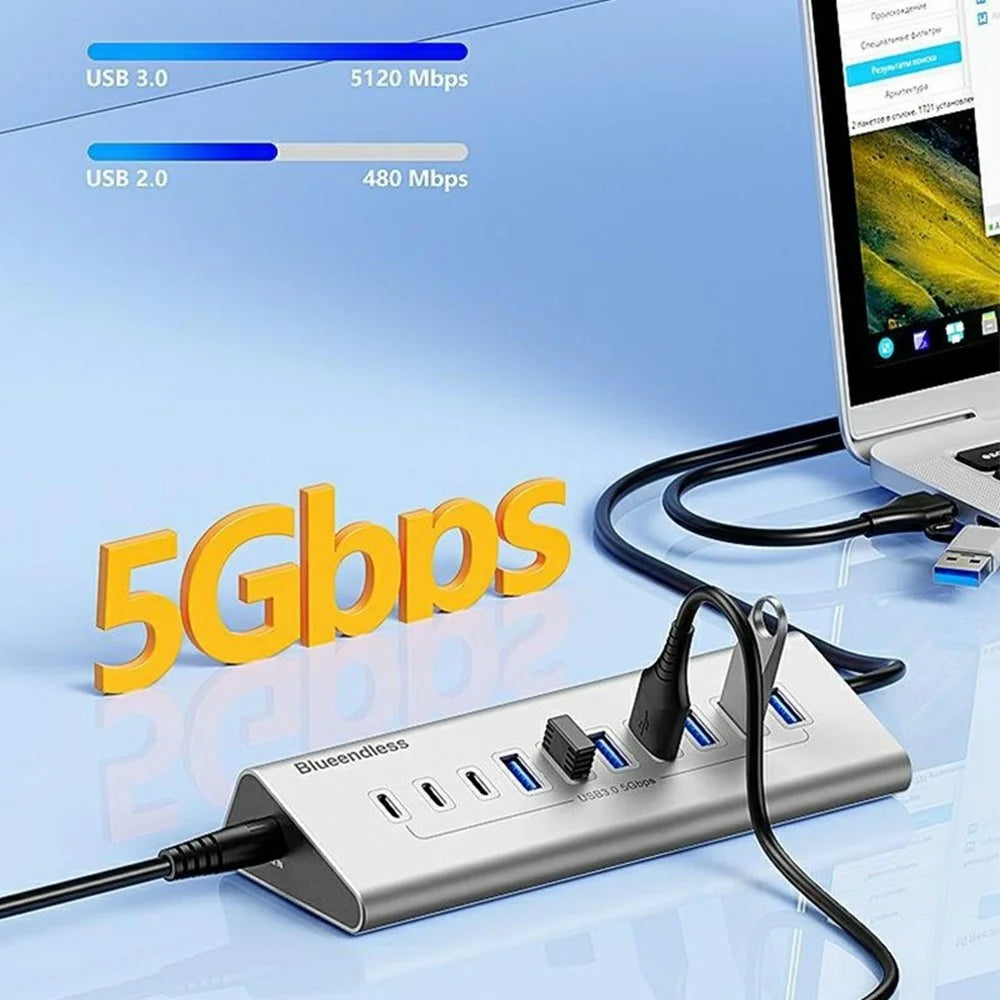 BLUEENDLESS HU105C 5Gbps USB 3.0 Hub 2 in 1 USB-A / USB-C to 7 USB-A + 3 USB-C Aluminum Alloy Docking Station - 2